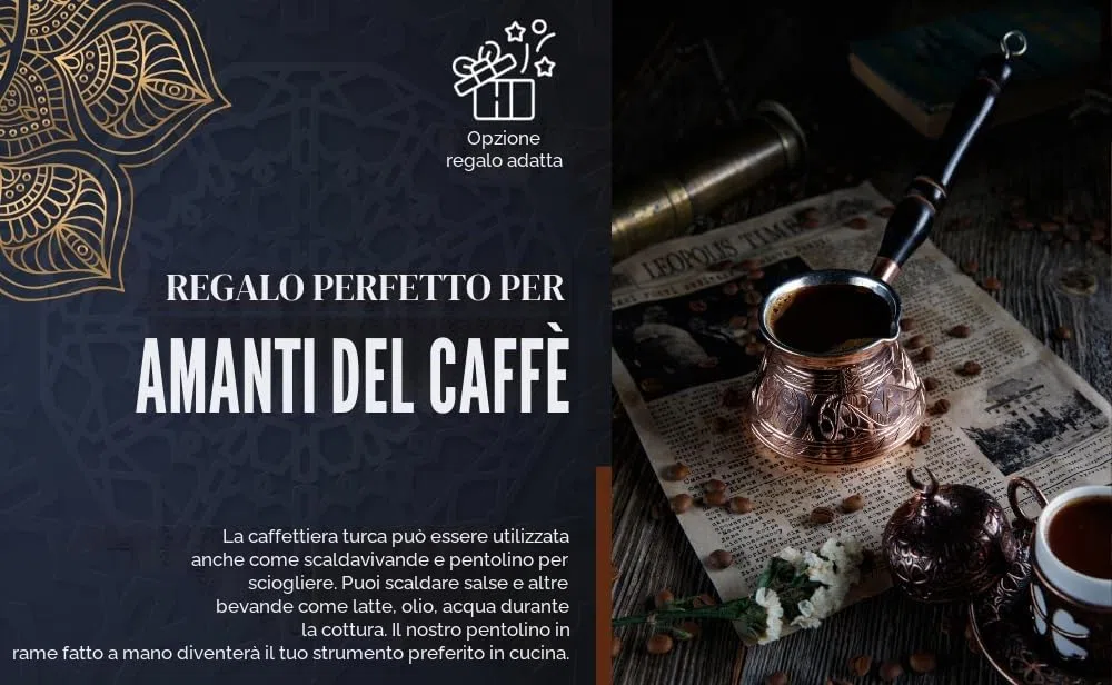 DEMMEX Cezve Turca in Rame Massiccio, Ibrik Arabo Greco, Pentolino per Caffè Stovetop con Manico in Legno e Cucchiaino, Fatto a Mano in Turchia, 270 ml (Inciso)