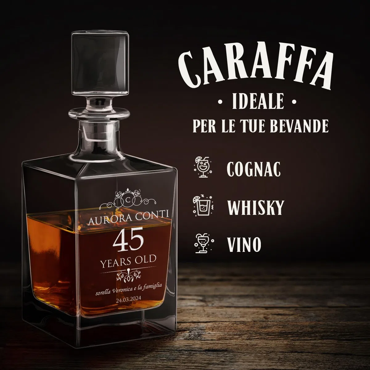 Maverton Decanter per whisky in vetro 810 ml - incisione personalizzata - Caraffa in vetro con tappo - Bottiglia per whisky e rum - pensiero originale per donna - per compleanno - Auguri
