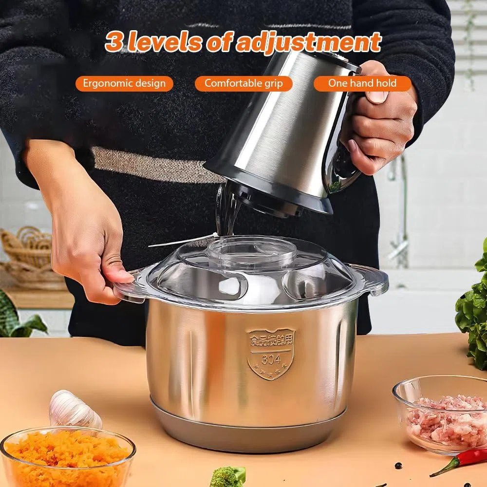 Tritatutto elettrico con ciotola in acciaio inox 4L, tritacarne multifunzione 500 W, 4 lame in acciaio inox, tritacarne per tritare carne, cipolla, erbe, frutta secca veloce e senza sforzi, colore