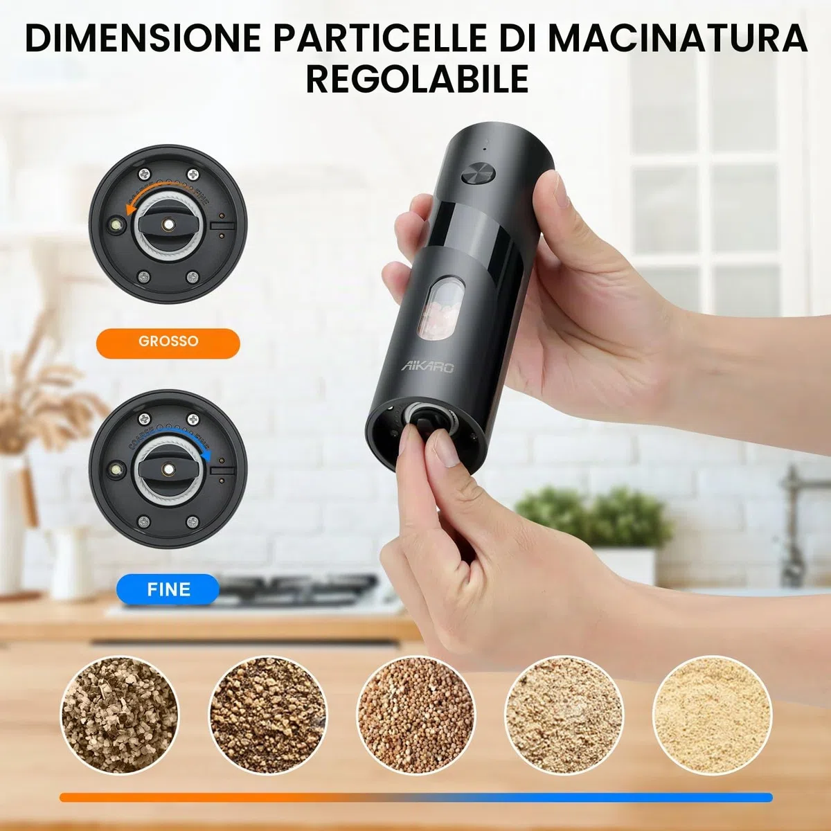 AIKARO - Macchina per sale e pepe elettrica Grancino automatico per spezie, Ricaricabile (Set)