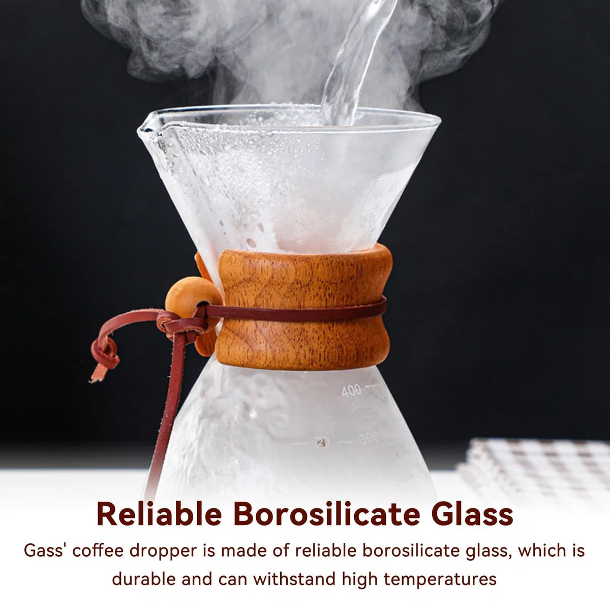 HERCHR Caffettiera Pour Over 400ml con Filtro in Acciaio Inossidabile 304 e Collare in Legno, Caraffa per caffè in vetro borosilicato con collare in legno per 1-2 tazze