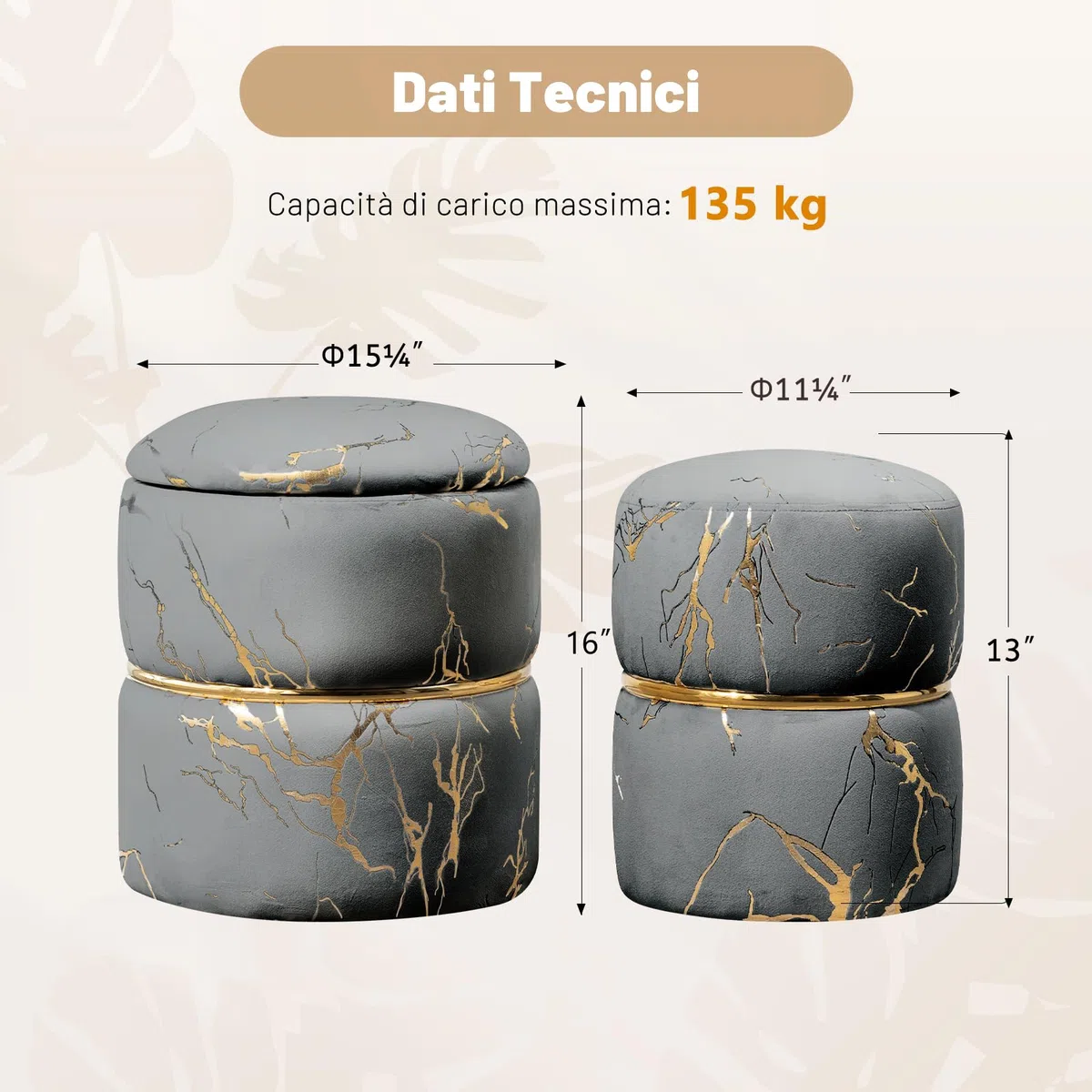 Set 2 Sgabelli Contenitori Rotondi con Seduta Imbottita, Poggiapiedi, Sgabello per Toeletta Trucco, Grigio Velluto
