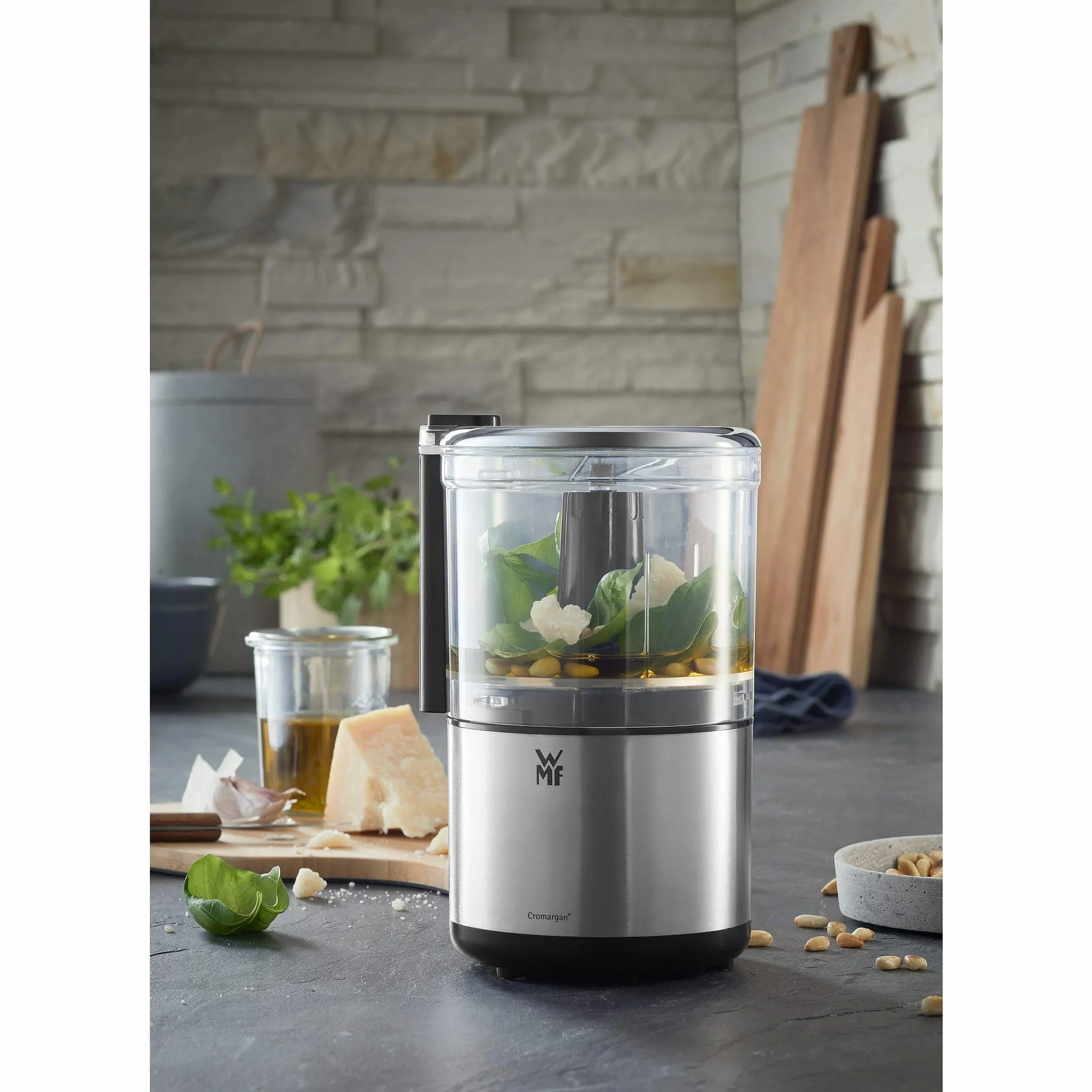 WMF Küchenminis - Tritatutto in Cromargan opaco, salvaspazio, utilizzabile con una sola mano, contenitore rimovibile (0,3 l), 65 W