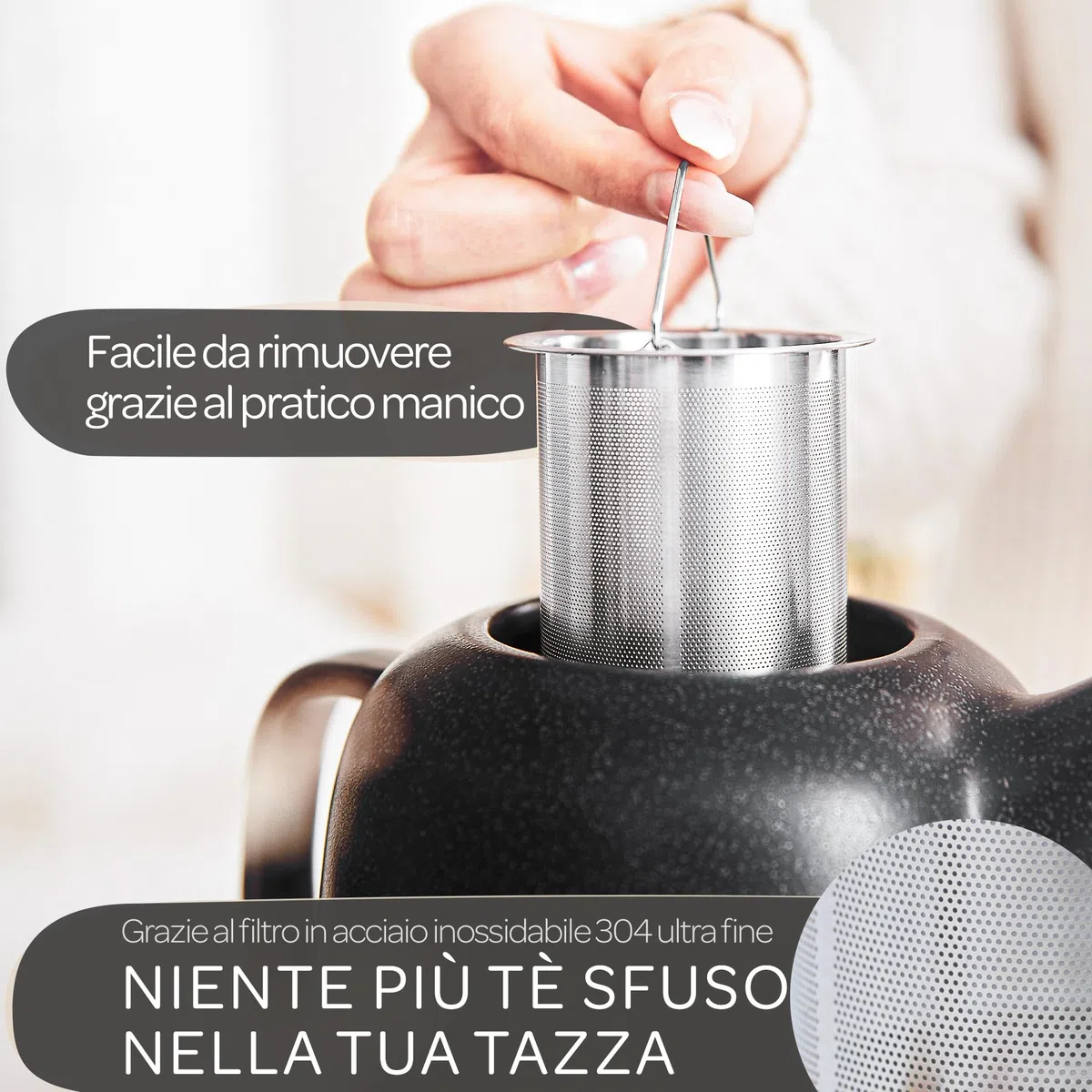 STEINZEIT Design Teiera con infusore (1,3L) - Teiera con filtro in acciaio inossidabile 304 - Teiera ceramica con smaltatura unica e filtro estraibile - Teiera nera