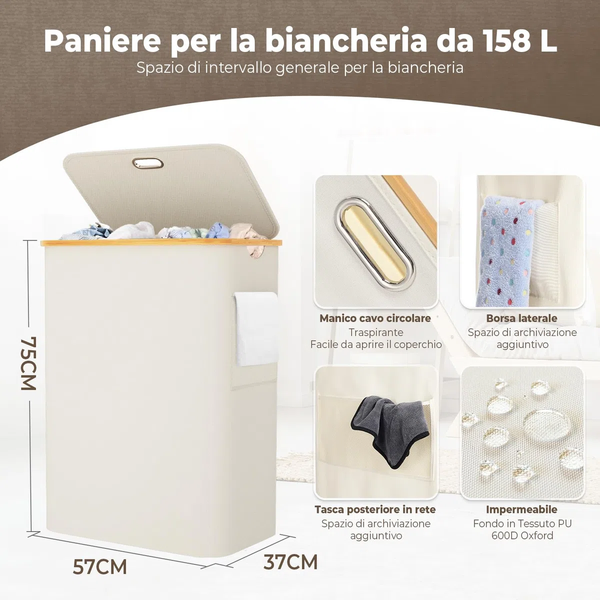 OUSFOT Cesto per la Biancheria con 3 Scomparti per Vestiti Sporchi Manico in bambù 158L con CoperchioTasca Posteriore Pieghevole in Rete Cesto per la Biancheria Beige