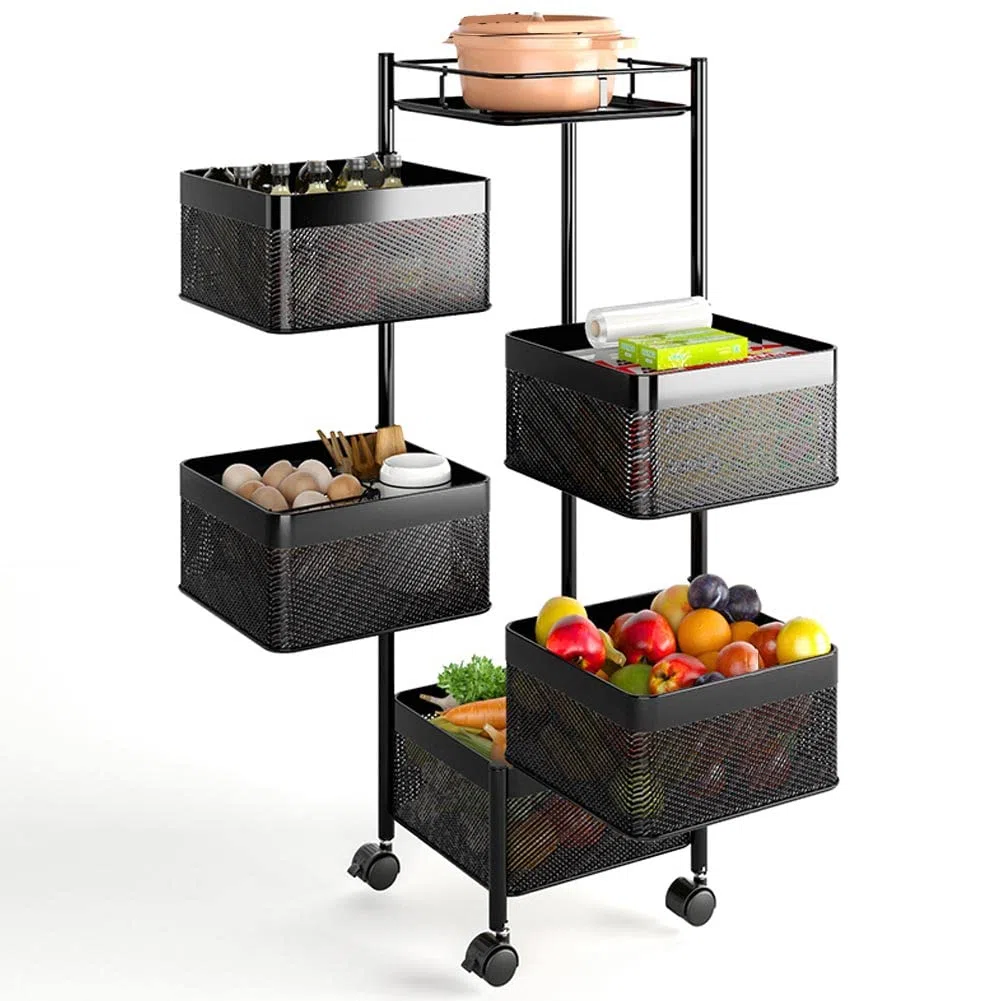 BAKAJI Carrello Trolley Cucina in Metallo con 5 Ripiani a Cesto Apribili e 4 Ruote girevoli a 360 Gradi Trolley Salvaspazio Arredamento Casa Cucina Dimensione 85 x 26 cm Design Moderno (Quadrato)