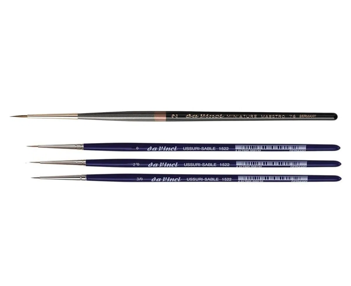 Serie 76 Miniature Maestro, Setole di martora Rosso Kolinsky selezionate, n. 2 e serie 1522 n. 0/3, 0/2, 0