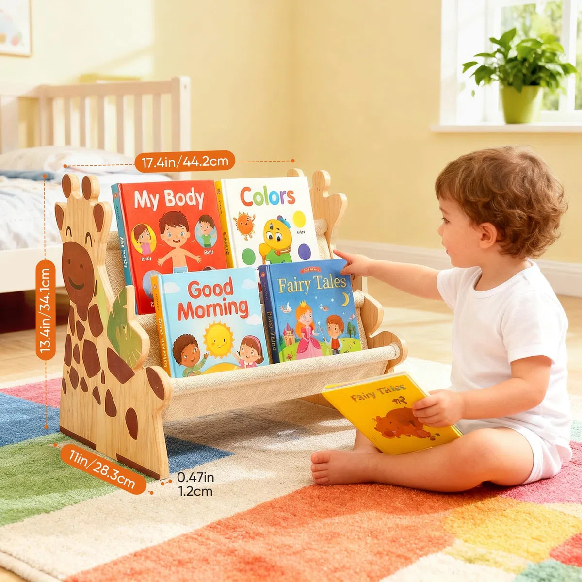 Libreria per Bambini in Legno, Scaffale Porta Libri Doppia Faccia con Tasche in Tela, Stile Montessori Portatile con Maniglia, Organizzatore Giochi in Legno per Cameretta