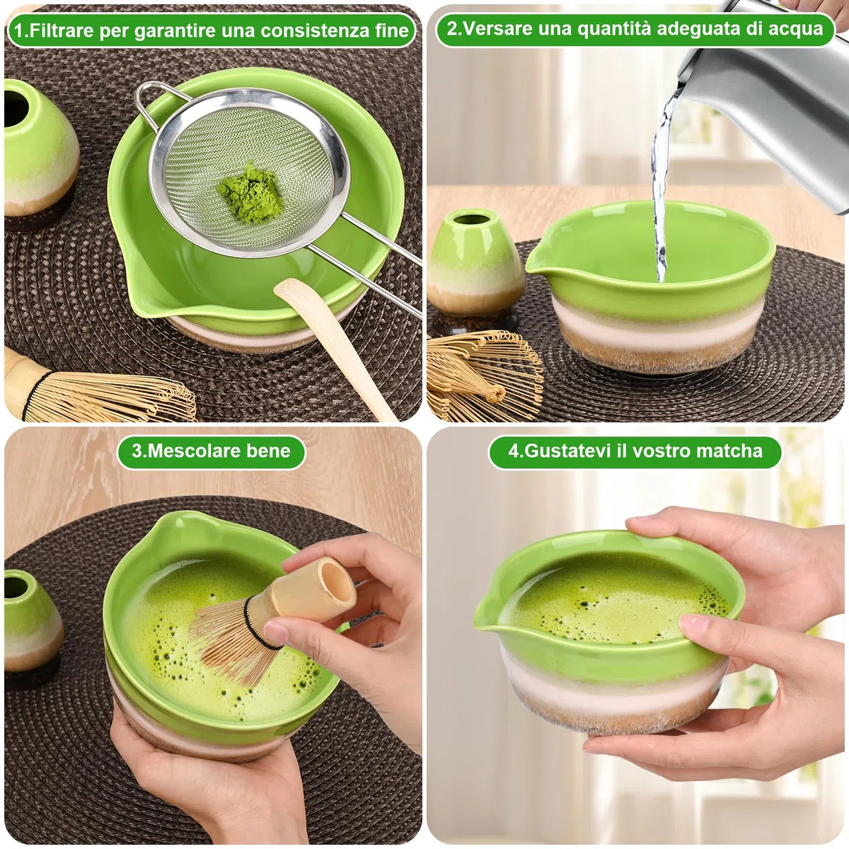 5 Set Matcha,Matcha Cerimoniale,Matcha set da tè matcha,con Frusta Matcha in bambù cucchiaio ciotola e supporto,regalo per gli amanti del matcha