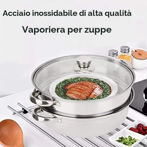 Pentola Cottura a Vapore, Padella Doppia Zuppa di Vapore a Doppio Fornello con Coperchio, Pentola Cottura a Vapore Acciaio Inox Pentola a Vapore per Utensili da