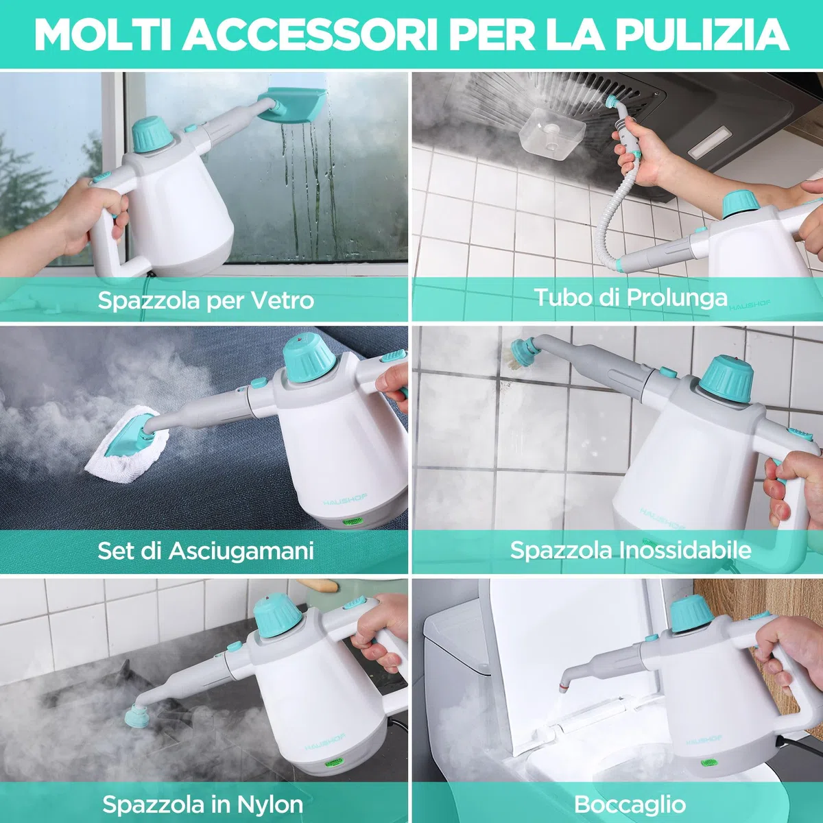 HAUSHOF Pulitore a Vapore Portatile, Serbatoio dell'acqua da 450 ml con 8 Accessori per la Rimozione delle Macchie, Pulitore a Vapore Manuale Portatile per Divano, Cucina, Pavimento, Bagno, Auto