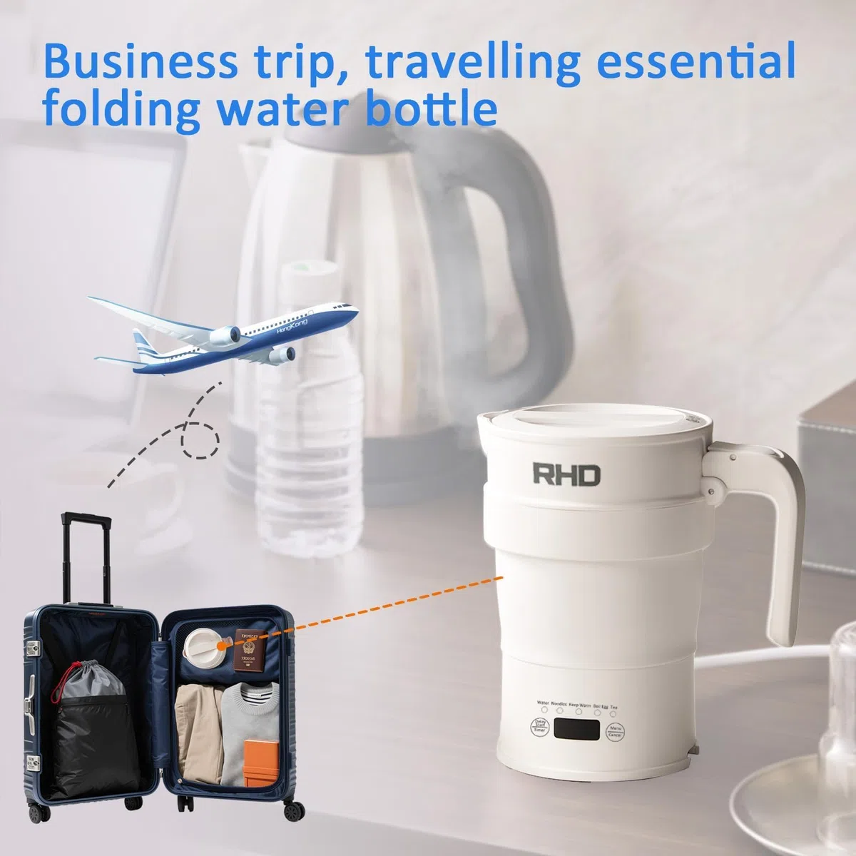 Bollitore da viaggio, bollitore elettrico piccolo con pannello multifunzionale, bollitore pieghevole con funzione di mantenimento in caldo e avvio ritardato, 0,7L, 1000W, Fondo in acciaio inox, bianco
