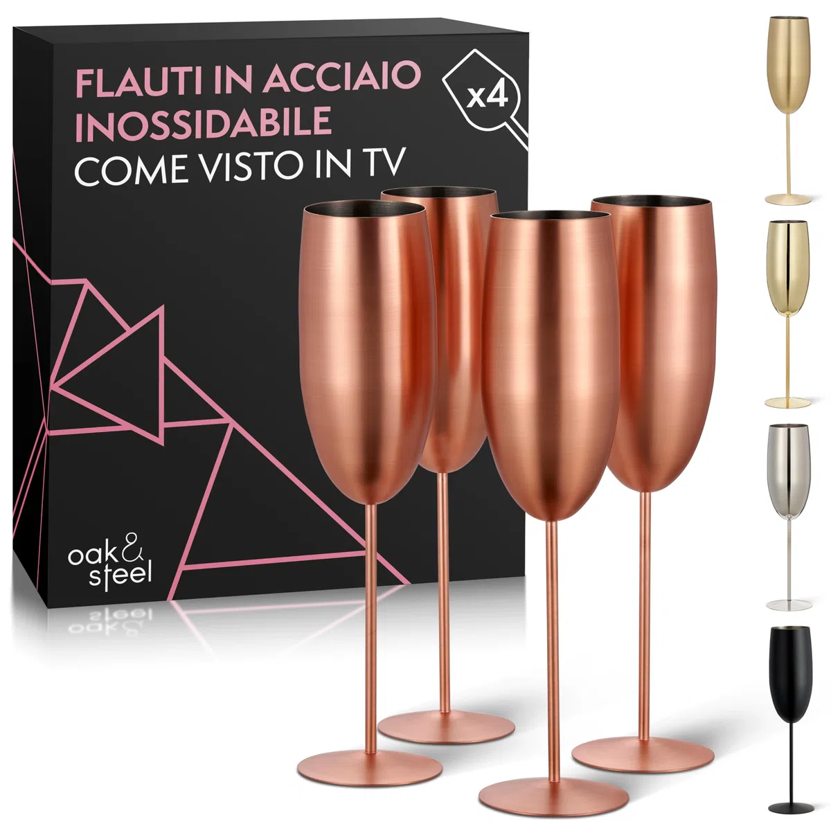 Oak & Steel - 4 Bicchieri Da Prosecco Con Flute Da Champagne, Acciaio Inox Finitura Rame Oro Rosa, 285 Ml - Confezione Regalo