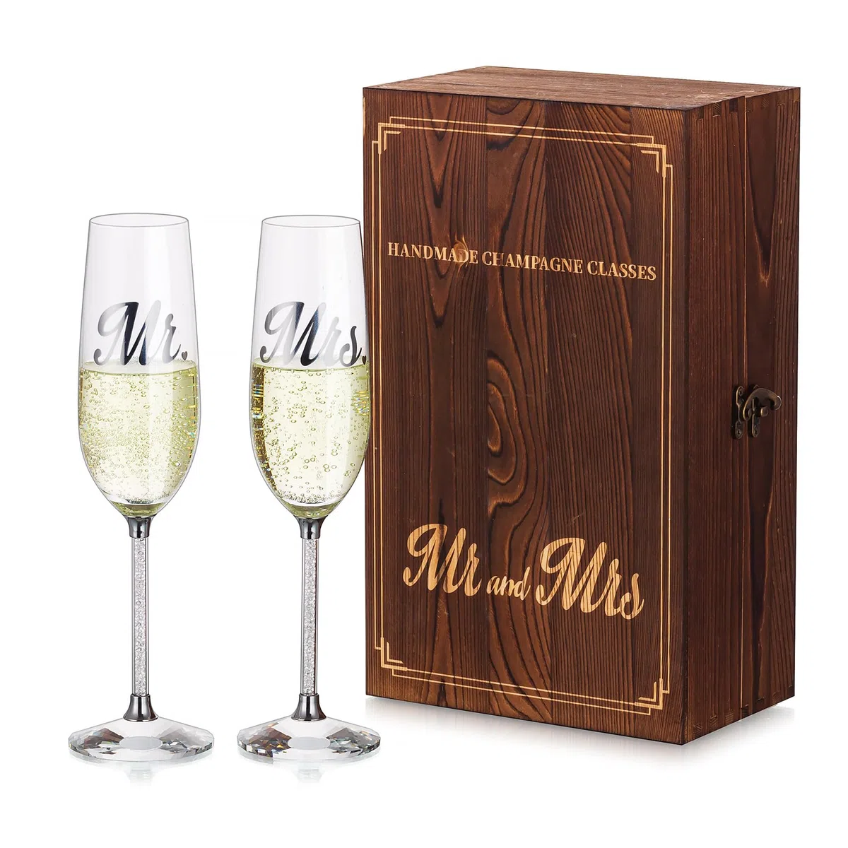 Nuptio Bicchieri Cristallo Champagne Personalizzati: Set di 2 Flute Champagne per Matrimonio con Confezione Regalo Legno Mr & Mrs Sposa Sposo Fidanzamento Anniversario e Festa Compleanno