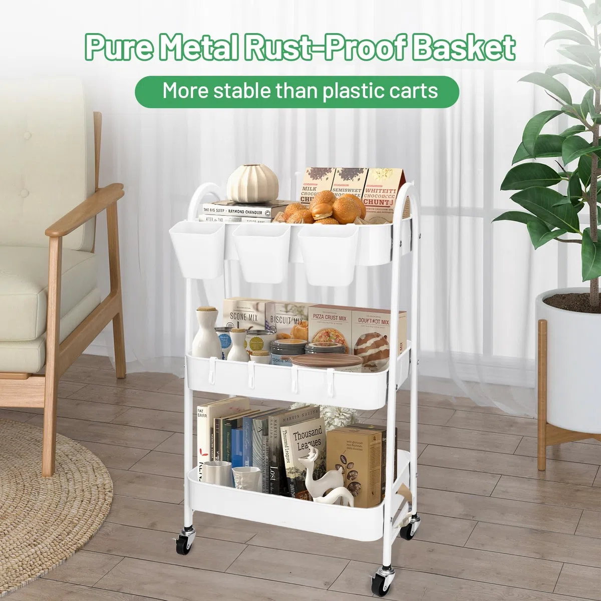 JOYBOY Carrello Portaoggetti,Carrellino Cucina,Carrello in Metallo con 3 Ripiani,Carrellino Multifunzionale Ruote Bloccabili,Tazze E Ganci Appesi,Contenitore,con Simpatici Adesivi,Bianco