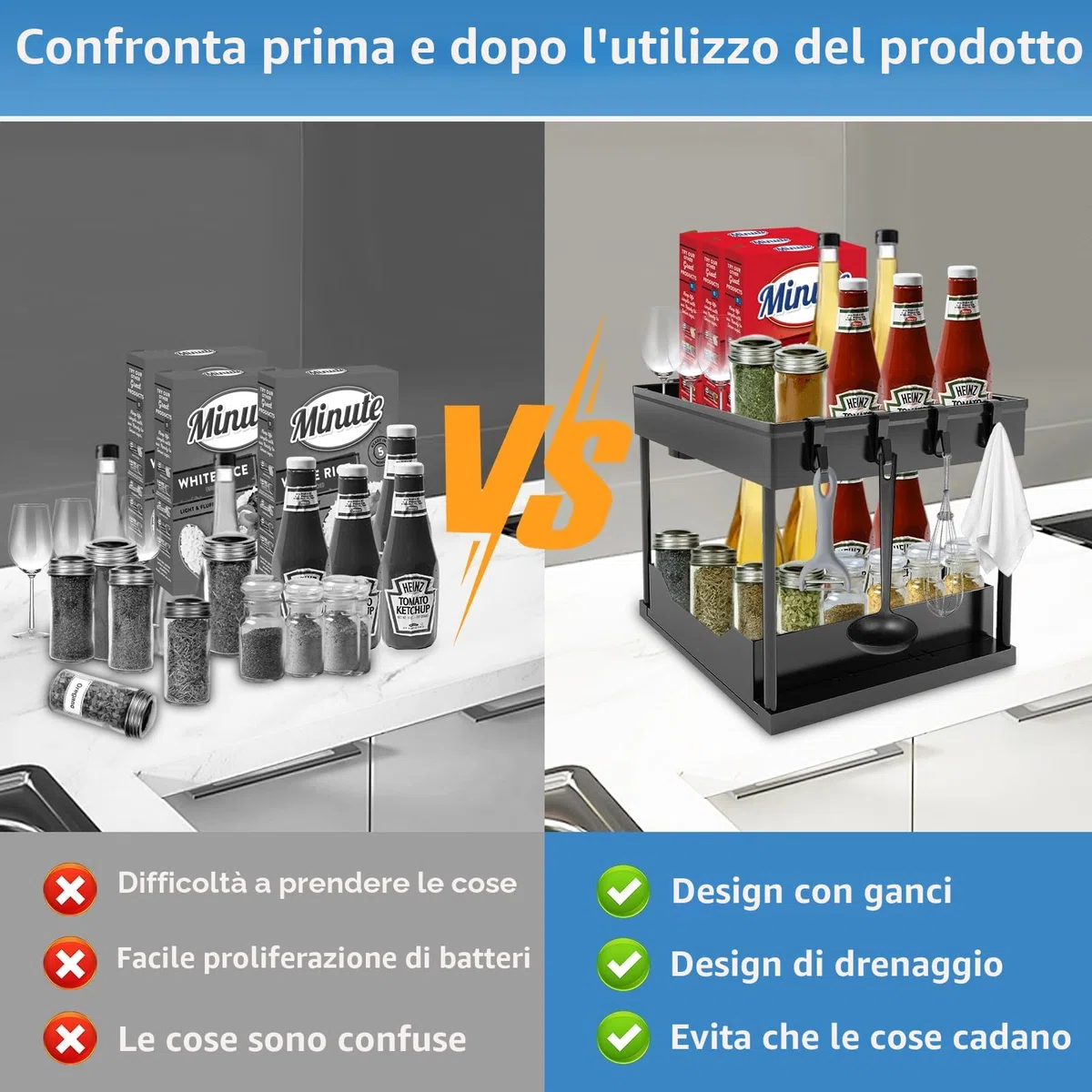 Organizer Sottolavello Cucina a 2 Livelli Organizer Bagno Portaoggetti 4 Cuscinetti Antiscivolo e 4 Ganci 2 Tazze Sospese Portaoggetti Scorrevole Rimovibile Adatto Per La Cucina Del Bagno
