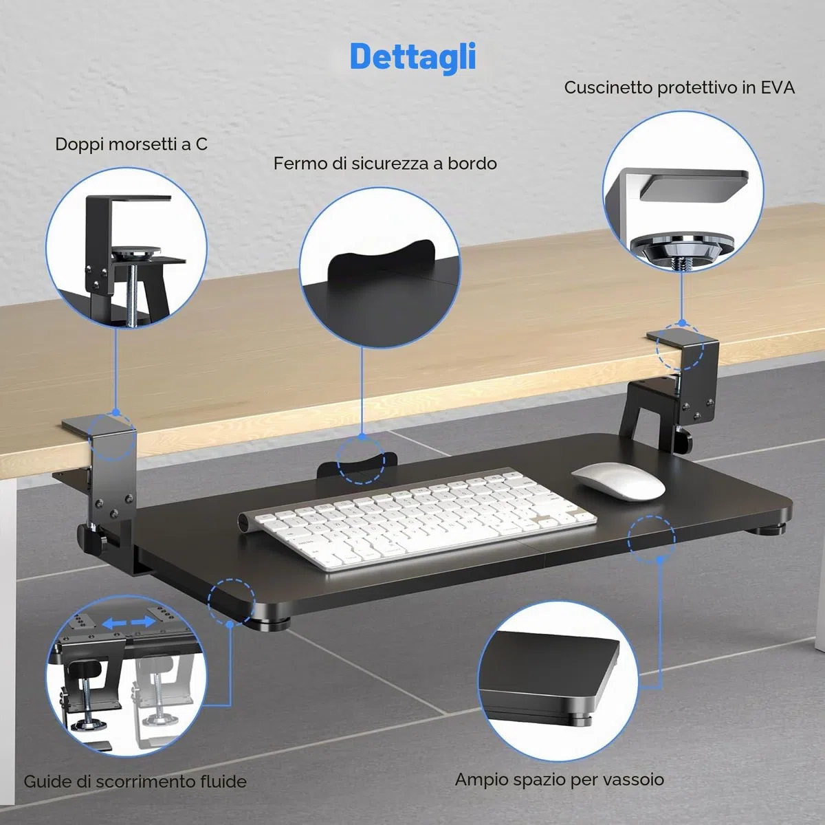 XINLEI Supporto per Tastiera Sotto Scrivania con Morsetto a C Grande, Cassetto Estraibile per Tastiera e Mouse, Dimensioni 75,6 cm (Lunghezza Totale) x 31,1 cm, Supporto per Scrivania Regolabile, DSF4