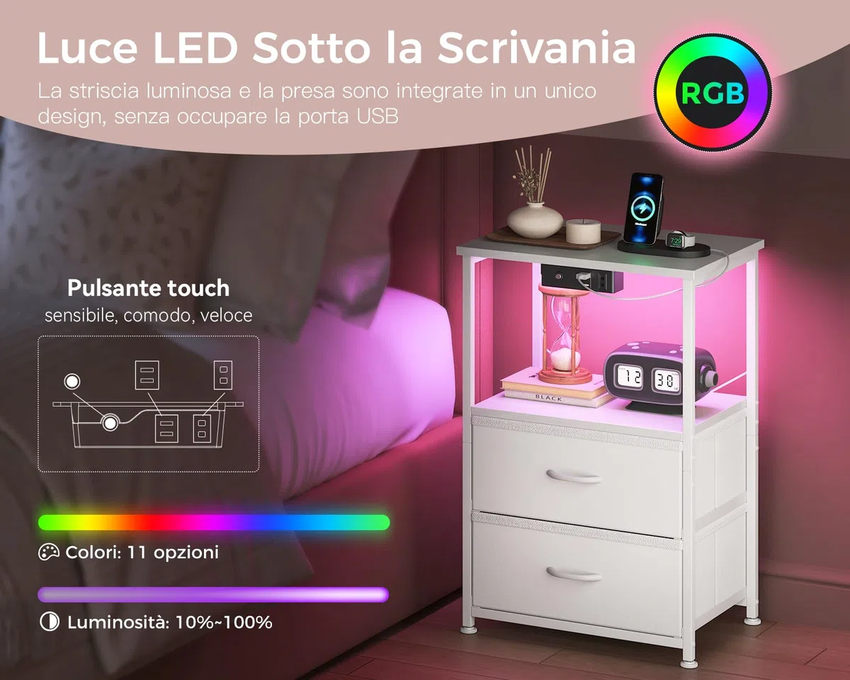 Coleshome Comodino Camera da Letto Bianco, con 2 Prese USB e 1 Presa di Corrente e Luci a LED, Comodini con 2 Cassetti in Tessuto e 1 Vano Portaoggetti, 40 * 30 * 60cm, Confezione da 1