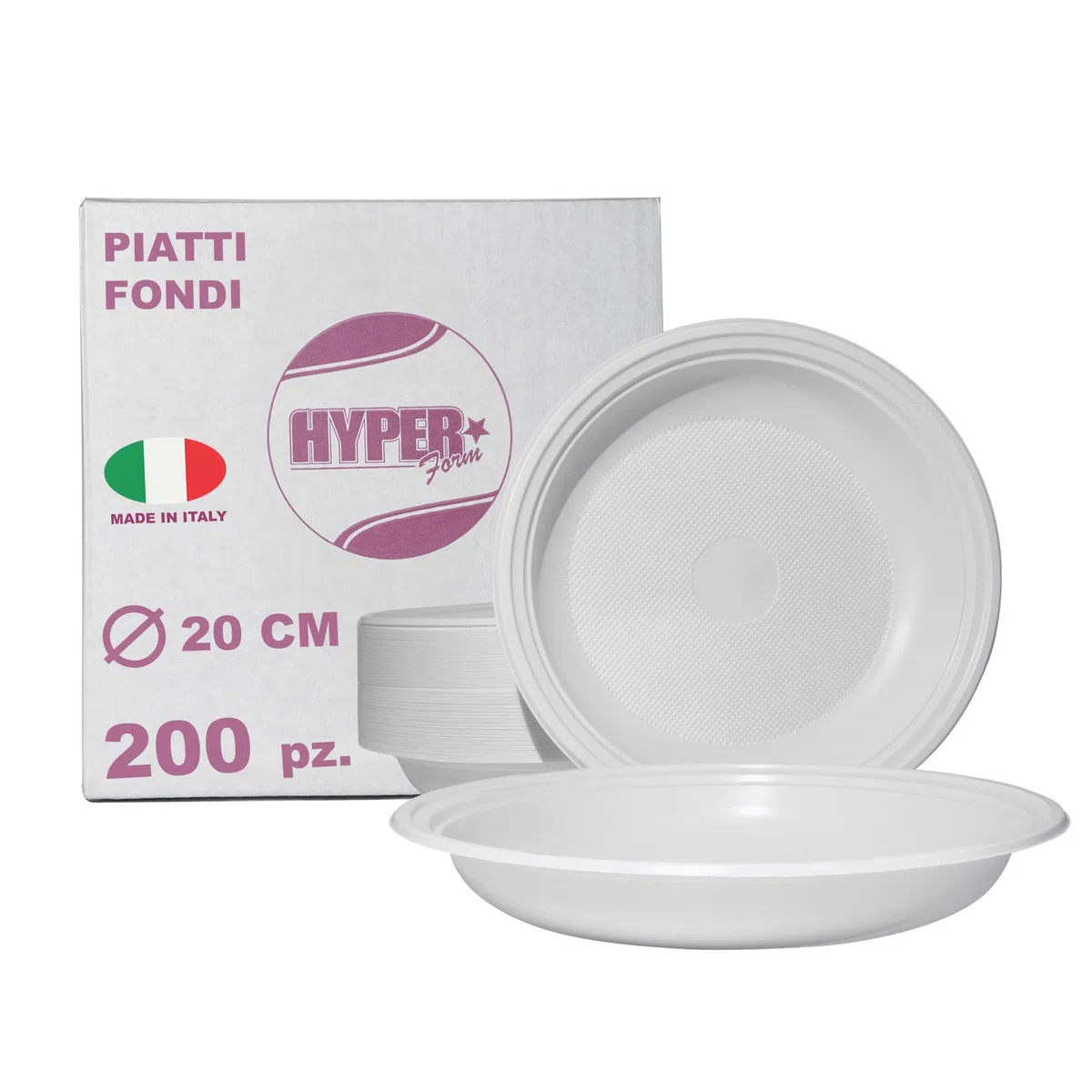 Hyper Form - 200 Piatti Fondi di Plastica Riutilizzabile Rigida, Lavabili 20 Cicli in Lavastoviglie