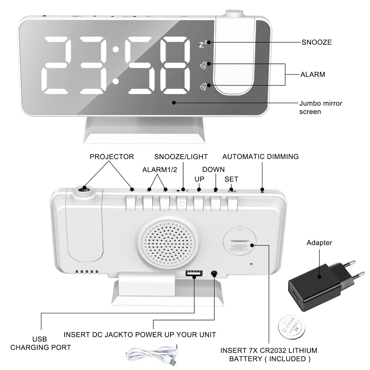 Sveglia con Proiettore, Schermo a LED a Specchio da 7.5", 4 Luminosità, Doppio Allarme con Porta USB, Sveglia Digitale con Proiettore ultra trasparente (Bianco con Adattatore)