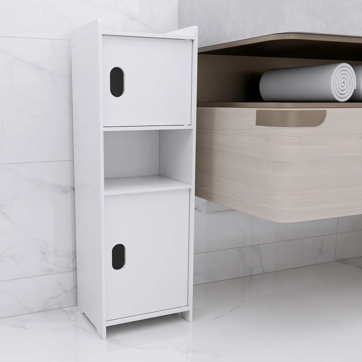 HUOLE - Armadietto per bagno, piccolo mobile di stoccaggio per toilette, armadio per toilette con porta spazzolino WC, mobile da bagno autoportante in legno, 24 x 20 x 72 cm - Bianco