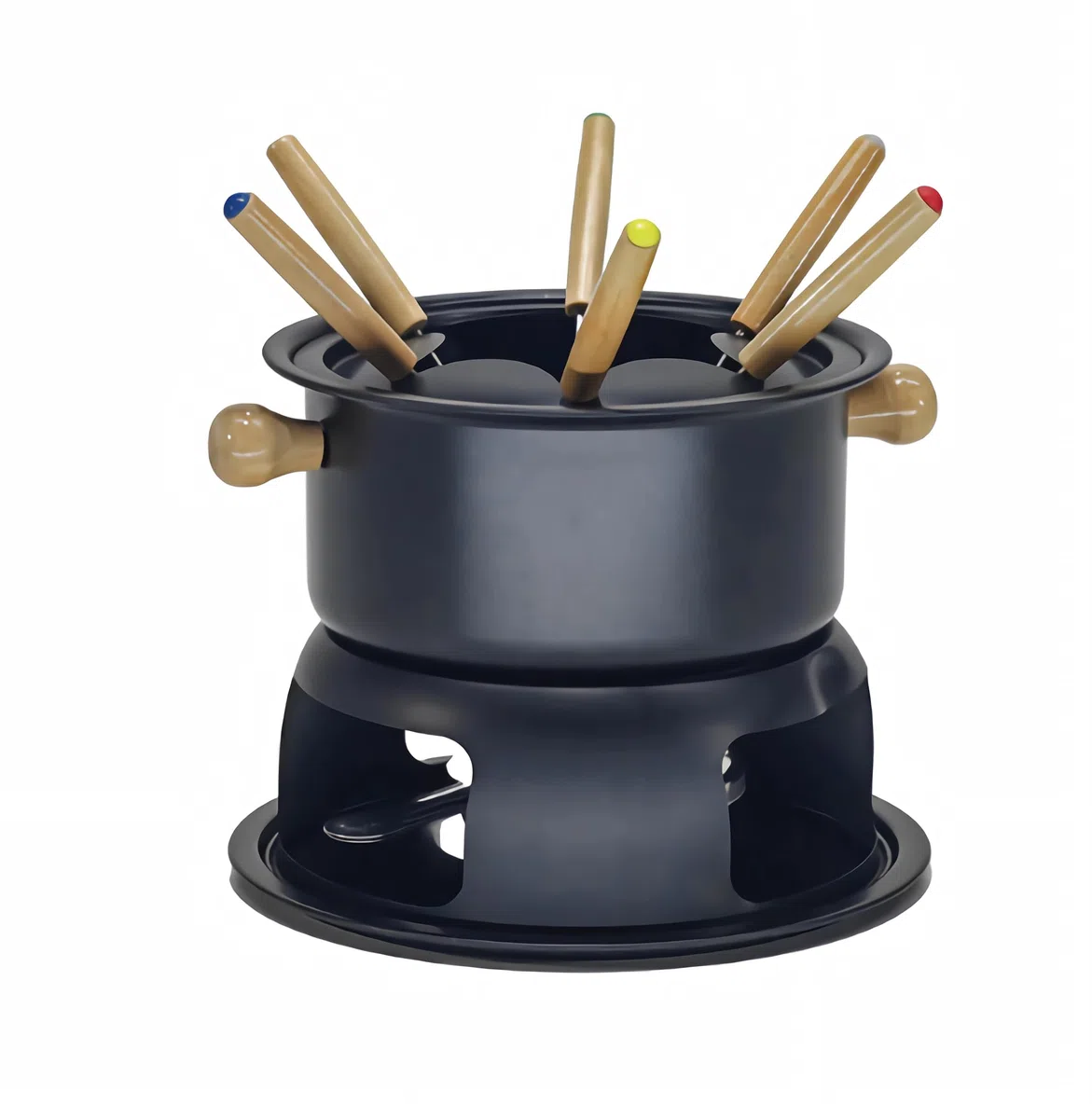 Set Fonduta per Cioccolato Formaggio Carne Bourguignon Acciaio e Manici in Legno con Bruciatore 1 Litro con Forchettine Incluse 6 Persone Base 20cm Pentola 18cm