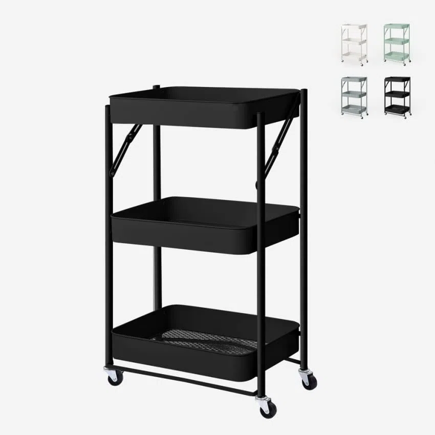 Carrello da cucina pieghevole portavivande 3 ripiani con ruote Pikas - Nero