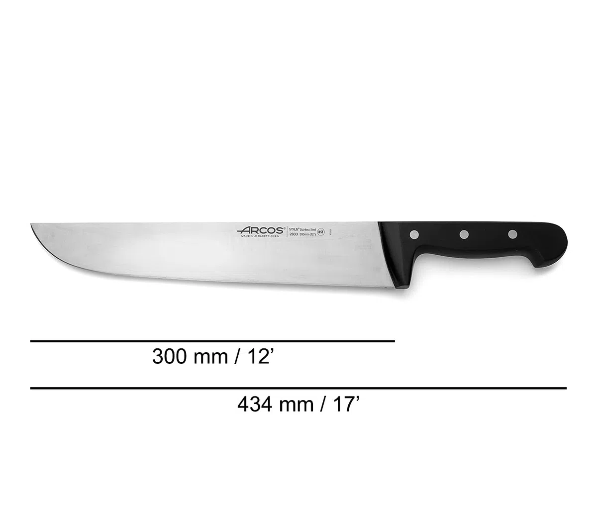 Arcos Coltello da Macellaio con Lama in Acciaio Inossidabile Nitrum 300 mm – Manico Ergonomico in Poliossimetilene POM, Coltello Professionale – Nero, Serie Universal