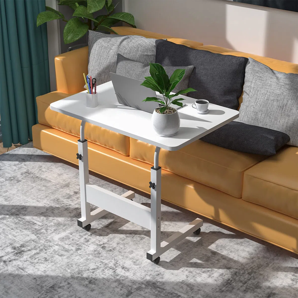 Tavolo Rotante per Divano Letto, 60x40cm Scrivania per Laptop, Tavolino da Laptop Scrivania Mobile Regolabile in Altezza 62-85cm per PC per Tablet Cellulare, Tavolino Portatile con Ruote, Bianco