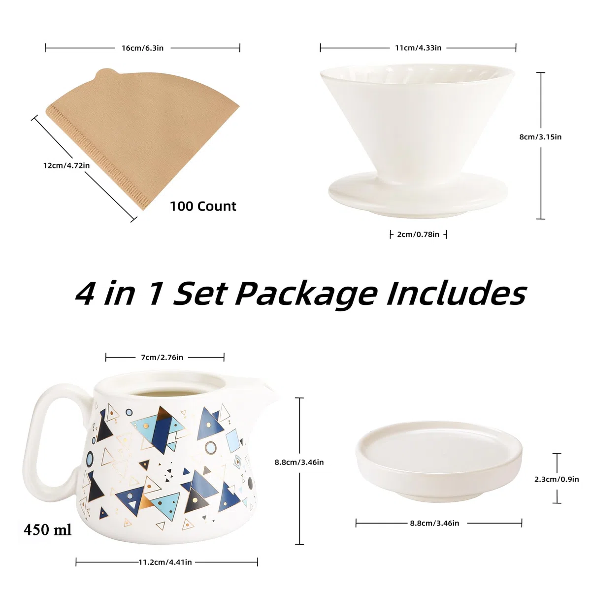 Macchina da caffè versare, gocciolatore in ceramica con 100 filtri di carta misura 02, server da caffè in ceramica con coperchio, 450 ml, adatto per 1-2 persone (bianco A)