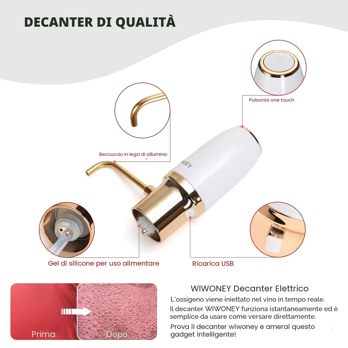 Aeratore e versatore elettrico di vino, decanter per vino elettrico, dosatore ricaricabile con cavo micro USB