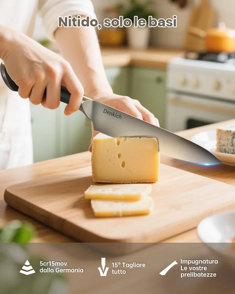 Coltelli da Cucina, 6 Pezzi Professionali Scoltelli da Cucina Tedesco in Acciaio Inossidabile, Ceppo con Blocco in Legno di Caucciù, Include Coltello da Chef, da Pane, da disco etc(8 pollici)