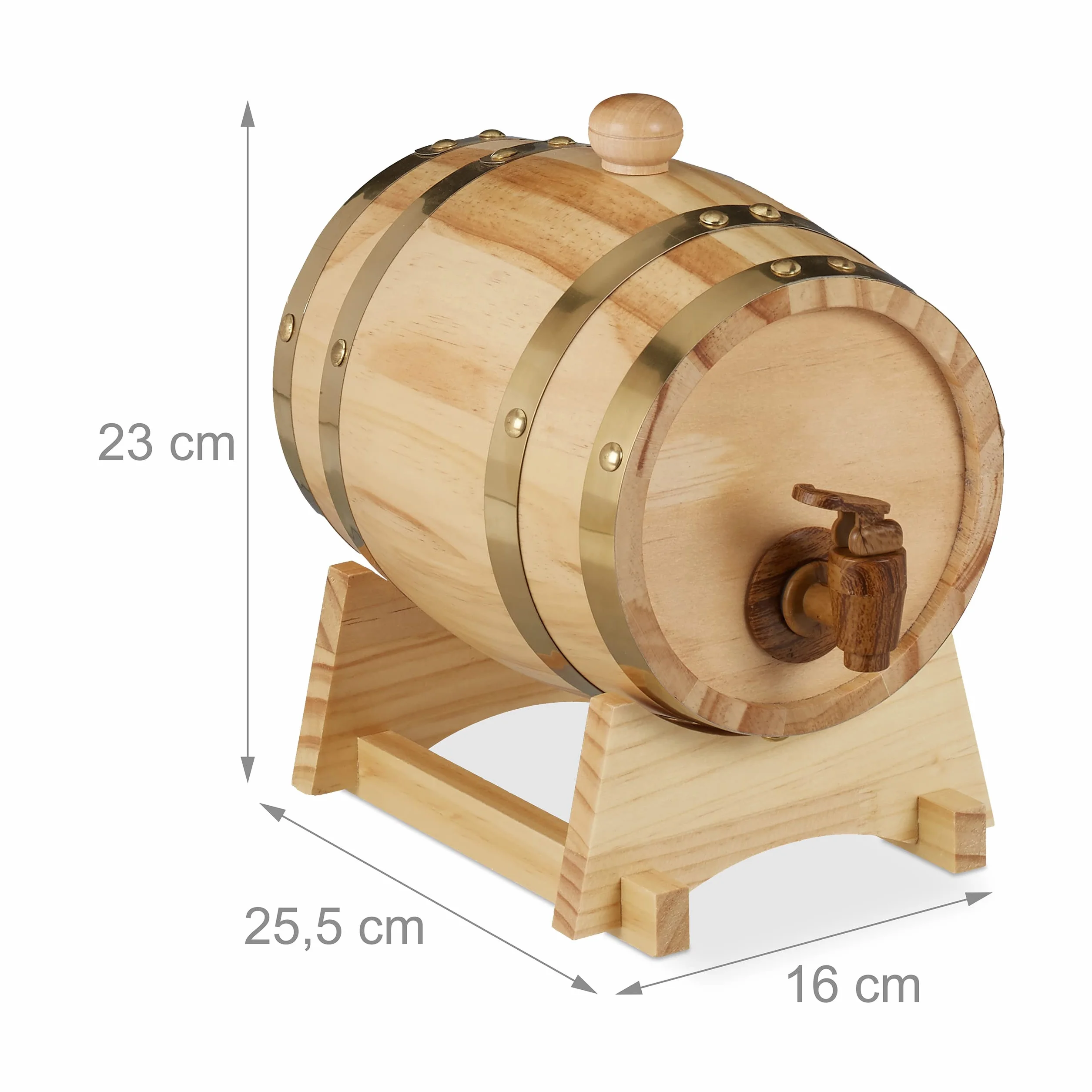 Relaxdays Botte di Legno da 1,25 L, con Supporto e Rubinetto, per Whisky Vino, Alcolici, HLP 23 x 16 x 25,5 cm, Naturale