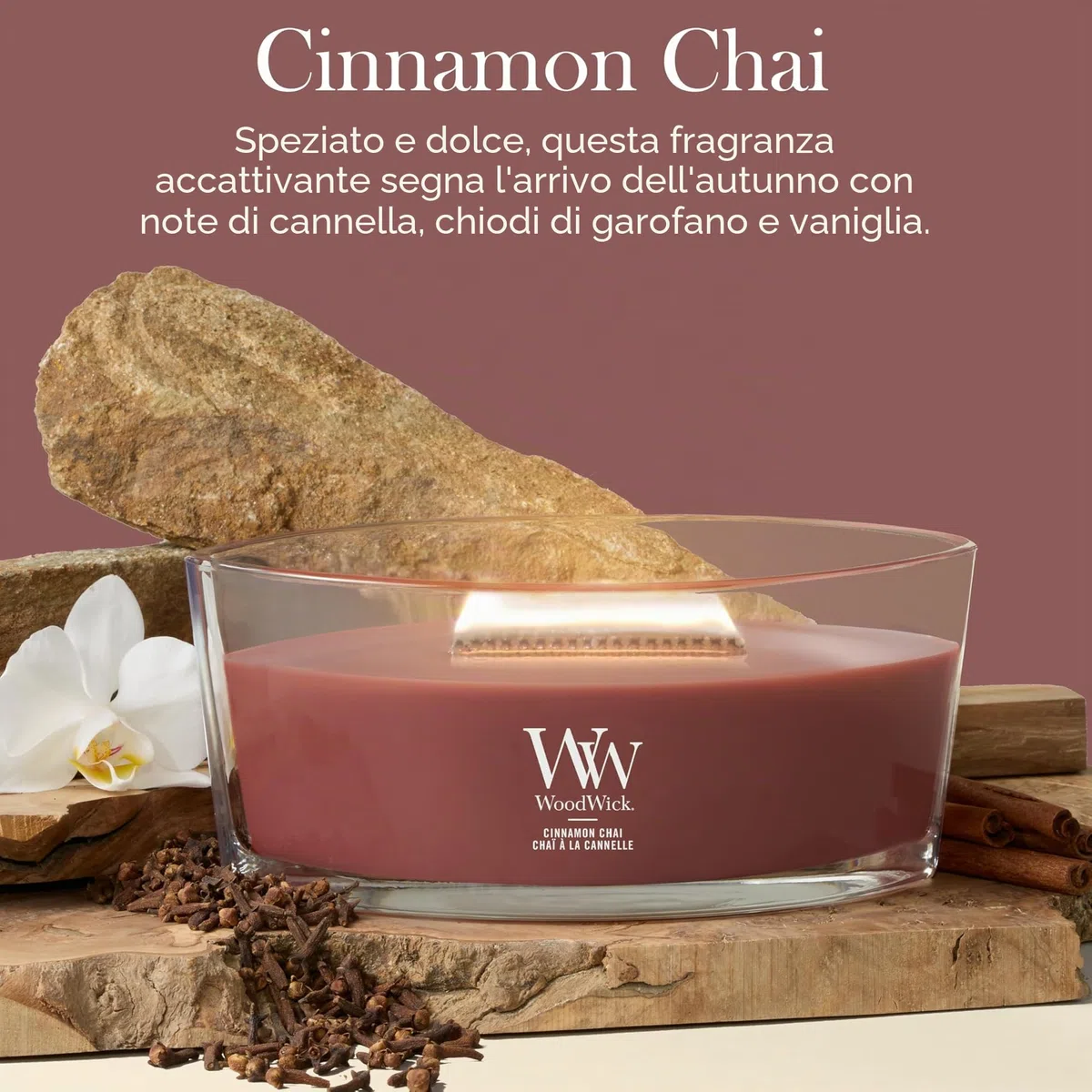 WoodWick Candela profumata Ellispe con stoppino crepitante | Cinnamon Chai | Durata della fragranza: fino a 50 ore