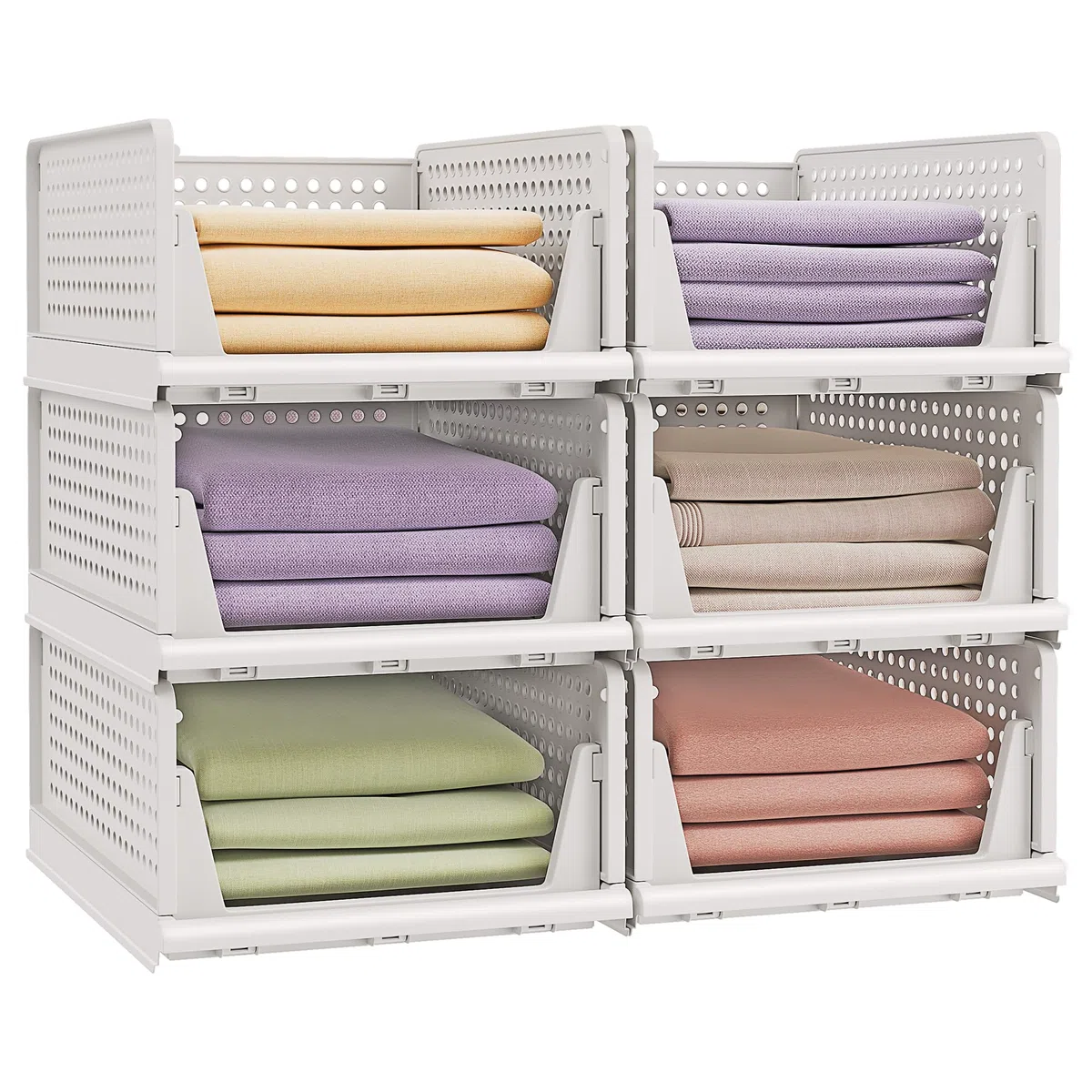 SONGMICS Organizer per Armadio Pieghevole, Set di 6 Organizzatori Cesti Impilabili Scorrevoli per Armadio, Cassetti in Plastica per Camera da Letto Ufficio Bagno, Bianco LPC600WZ01