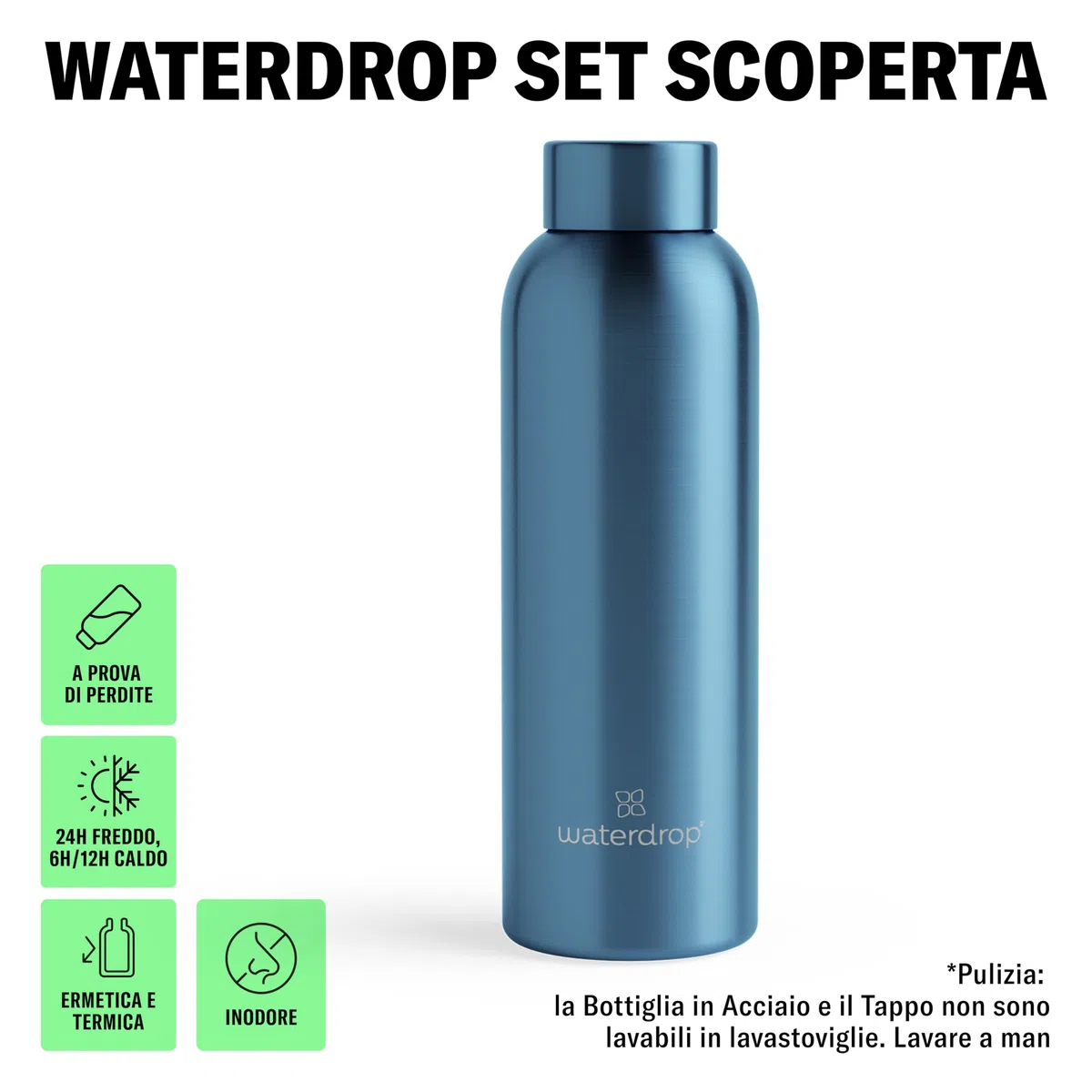 waterdrop® Bottiglia 600ml con 18 Drops senza zucchero - idee regalo donna - Pacchetto degustazione con Borraccia in acciaio inox e 6 gusti aromatizzanti per acqua - robusto borraccia termica