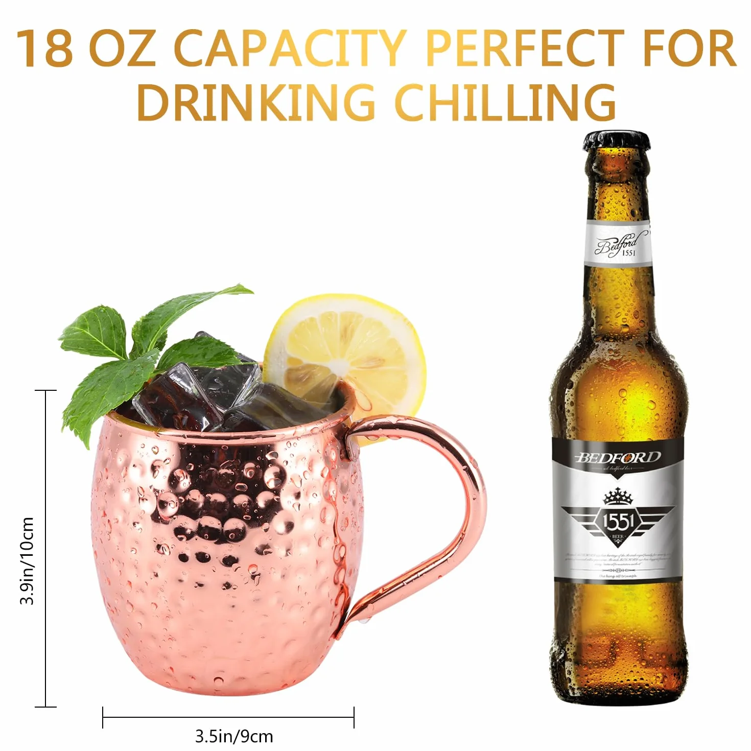 Bicchieri Rame Moscow Mule Set di 4, 100% Tazze Rame Lavorate a Mano, set da 550ml con BONUS: 4 Cannucce di Rame da Cocktail di Alta Qualità e 1 Jigger