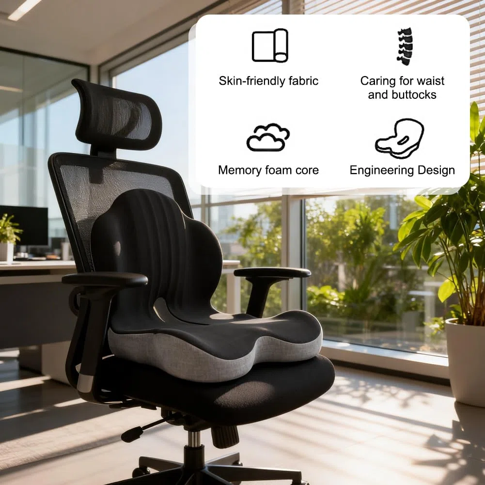 LOMUG Cuscino da seduta con schienale, in memory foam ortopedico con supporto per la schiena, ergonomico, per sedia da ufficio, auto, camion, sedia a rotelle, casa, ufficio, conducente a lungo raggio