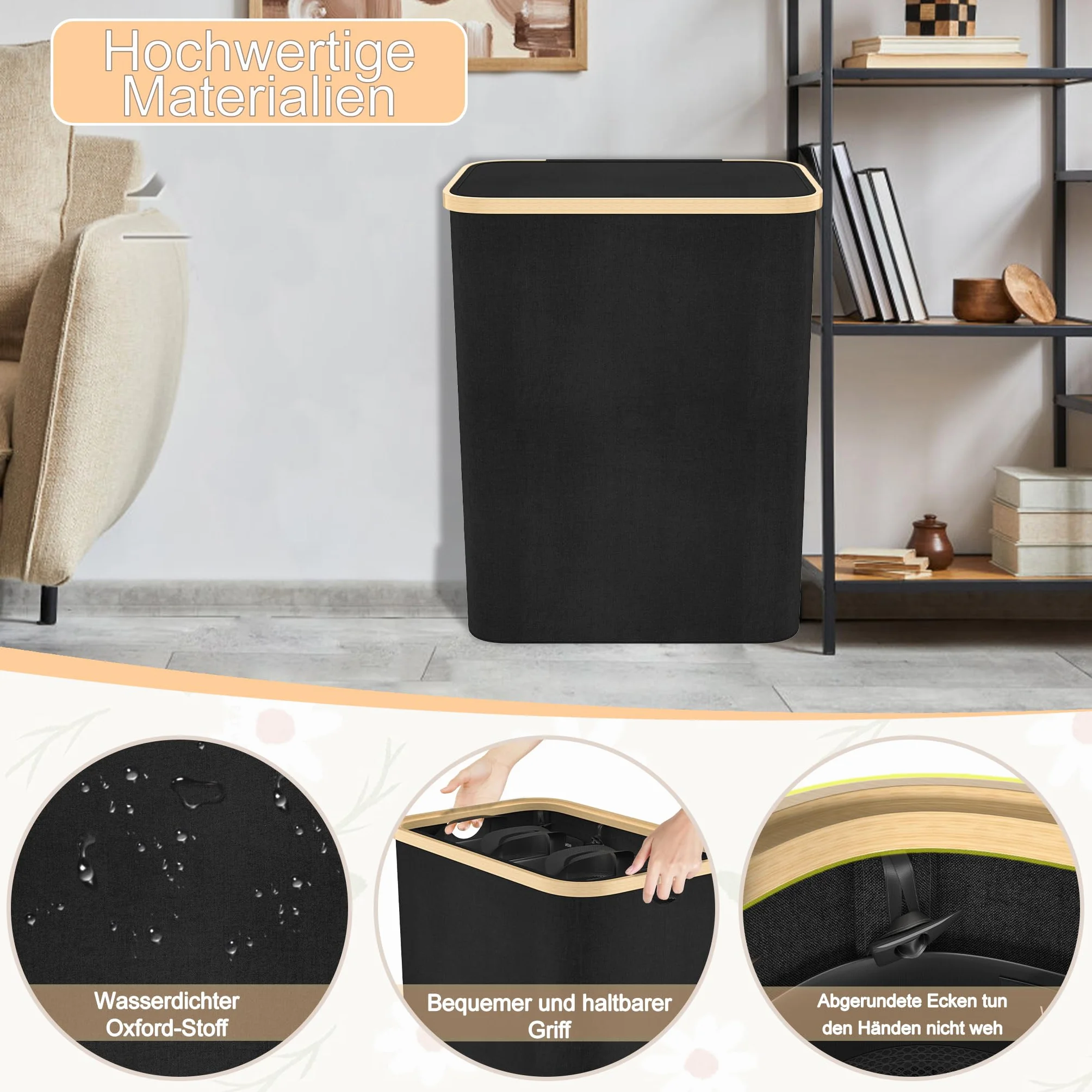 Froadp Cesto portabiancheria a 3 scomparti, pieghevole da 140 l, con coperchio per bagno e camera da letto, robusto cestino con maniglie, 3 sacchetti lavabili (nero)