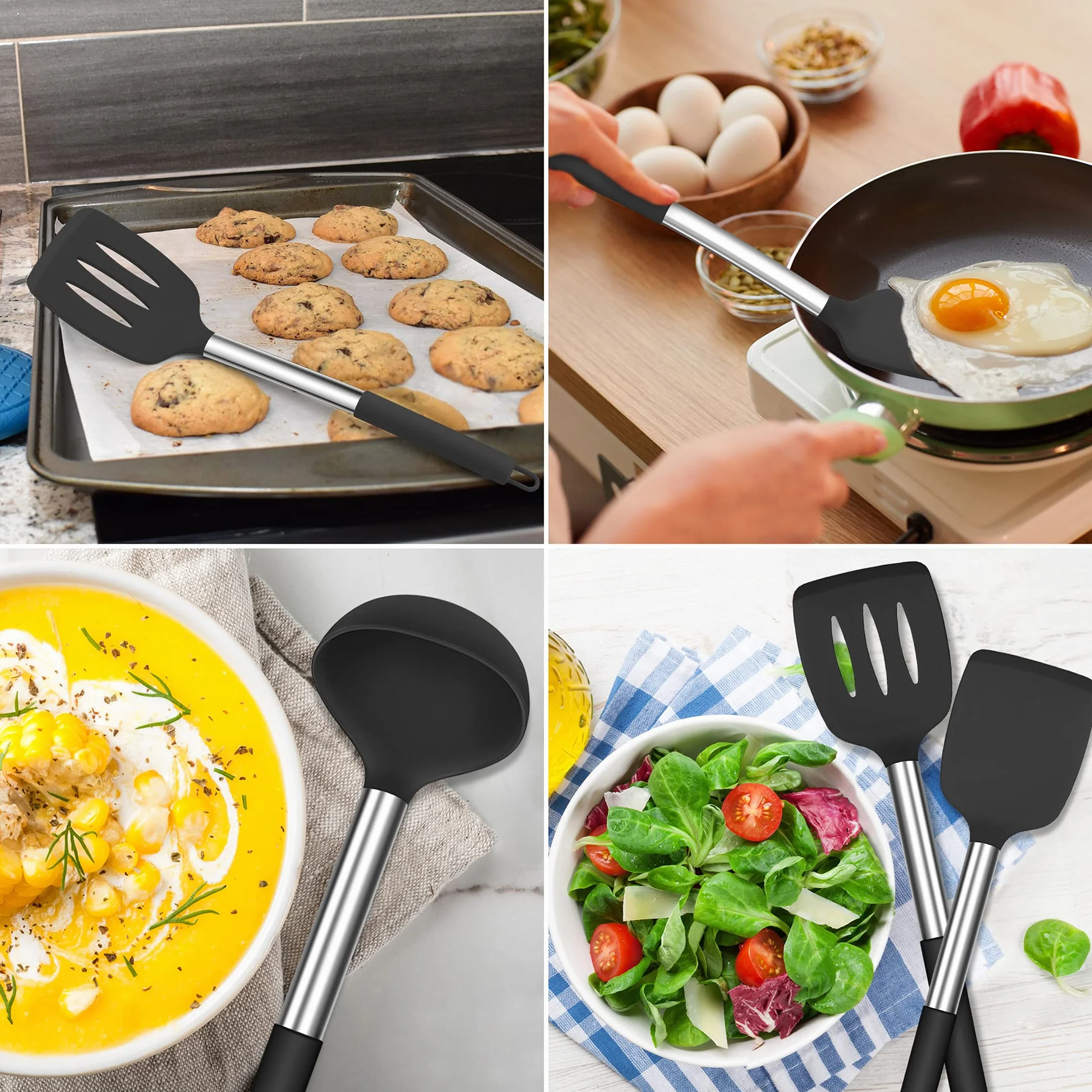 Herogo Set di 25 utensili da cucina in silicone con supporto, set di posate da cucina resistenti al calore, con manico in acciaio inox, antiaderente, set da cucina, contenitore, nero