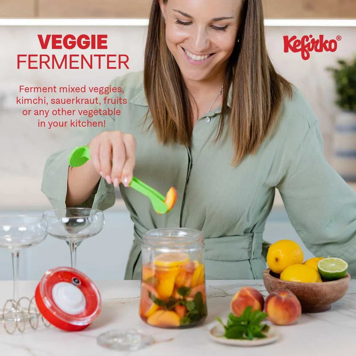 Kefirko Fermentatore per verdure, 900 ml, per fermentare frutta, verdura, kimchi, crauti e altro ancora, materiali privi di BPA, verde