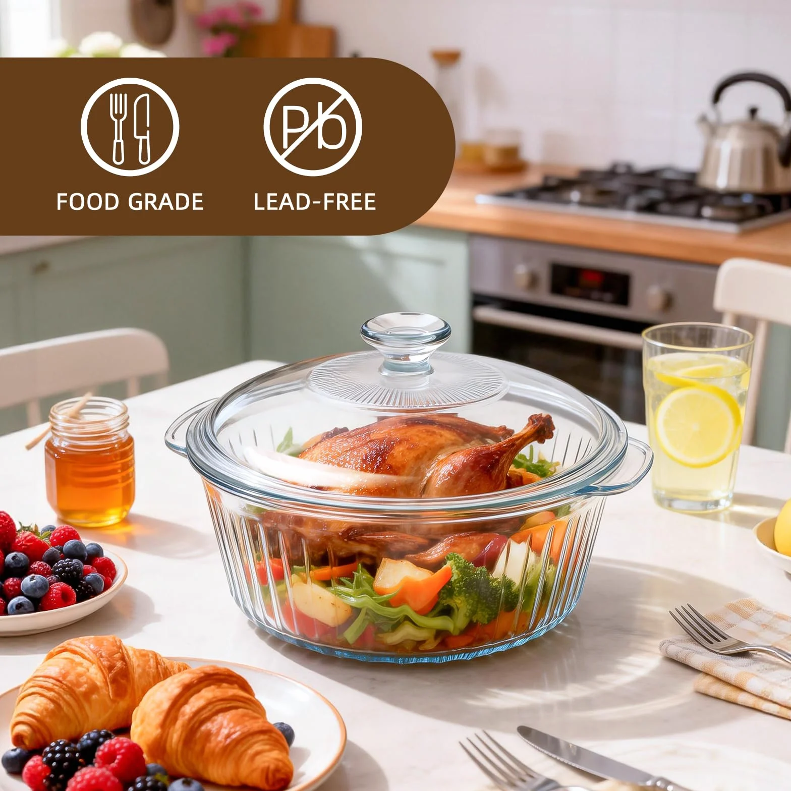 Luvan Pirofila in Vetro 2,4 L / 2,5 QT – Pirofila Rotonda con Coperchio e Manici, Teglia in Vetro Trasparente senza Piombo, Adatta a Forno e Lavastoviglie