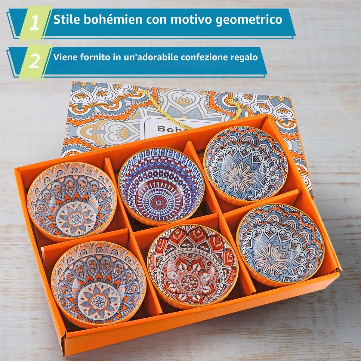 Skelang 6 ciotole in porcellana, 300 ml, ciotole per cereali, ciotole in stile bohémien, per cereali, zuppa, dessert, snack, frutta, insalata (motivo geometrico)