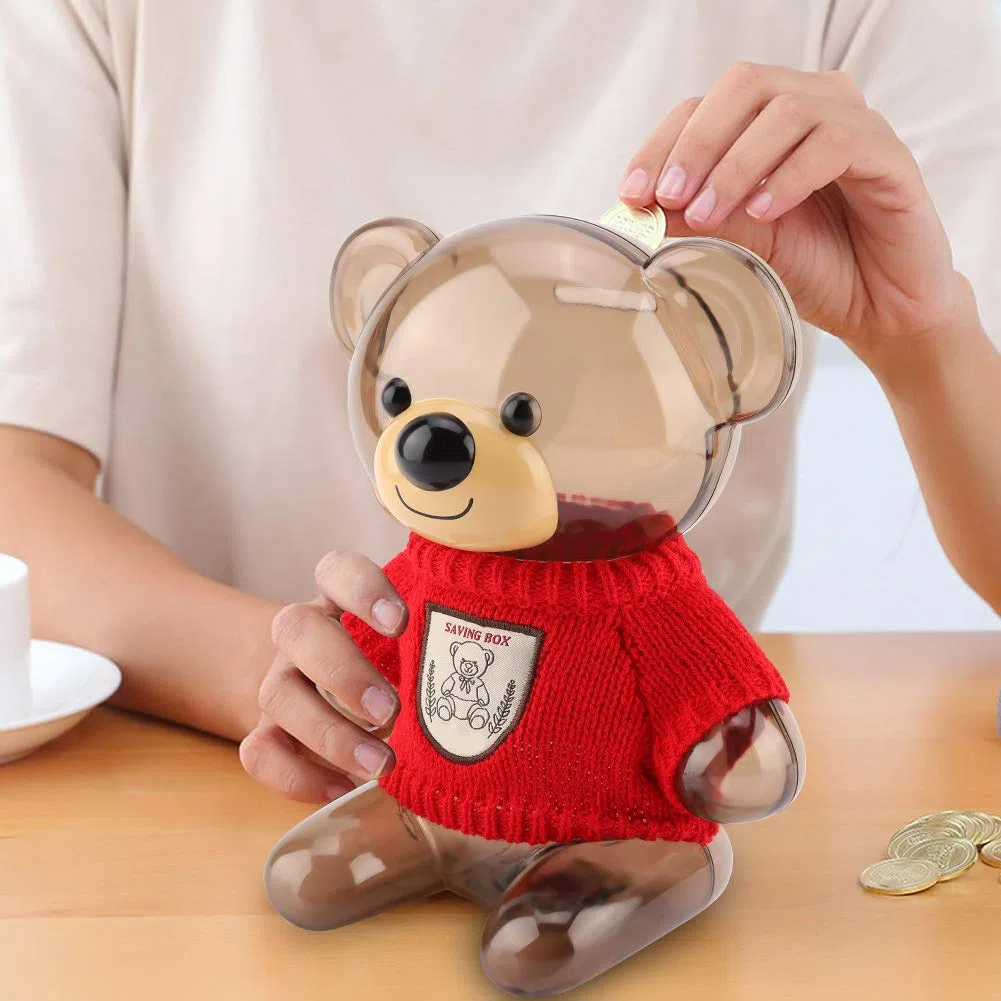 Fdit Salvadanaio Grande, Salvadanaio per Bambini, Salvadanaio, Salvadanaio, Cartone Animato, Vestiti, Orso, Plastica Trasparente(Orso Trasparente in Rosso)