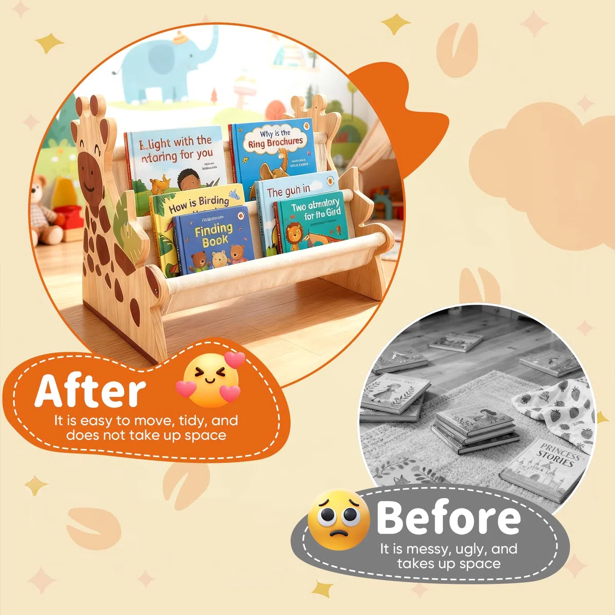 Libreria per Bambini in Legno, Scaffale Porta Libri Doppia Faccia con Tasche in Tela, Stile Montessori Portatile con Maniglia, Organizzatore Giochi in Legno per Cameretta