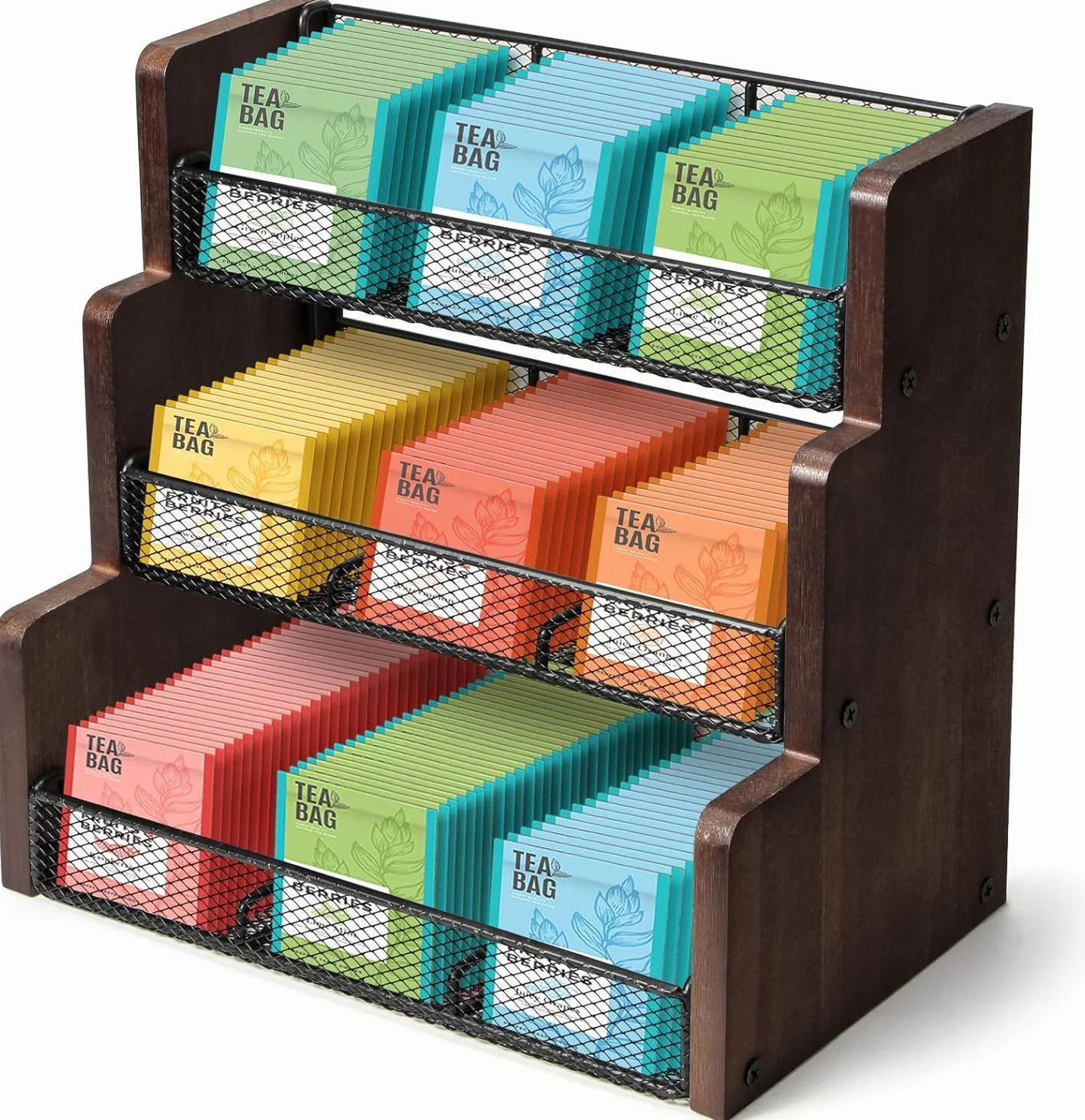 THYGIFTREE Porta bustine di tè a 3 ripiani, in legno massello, organizer per bustine di tè, cucina, ufficio, piano di lavoro, bustine di zucchero, porta creme (nero)