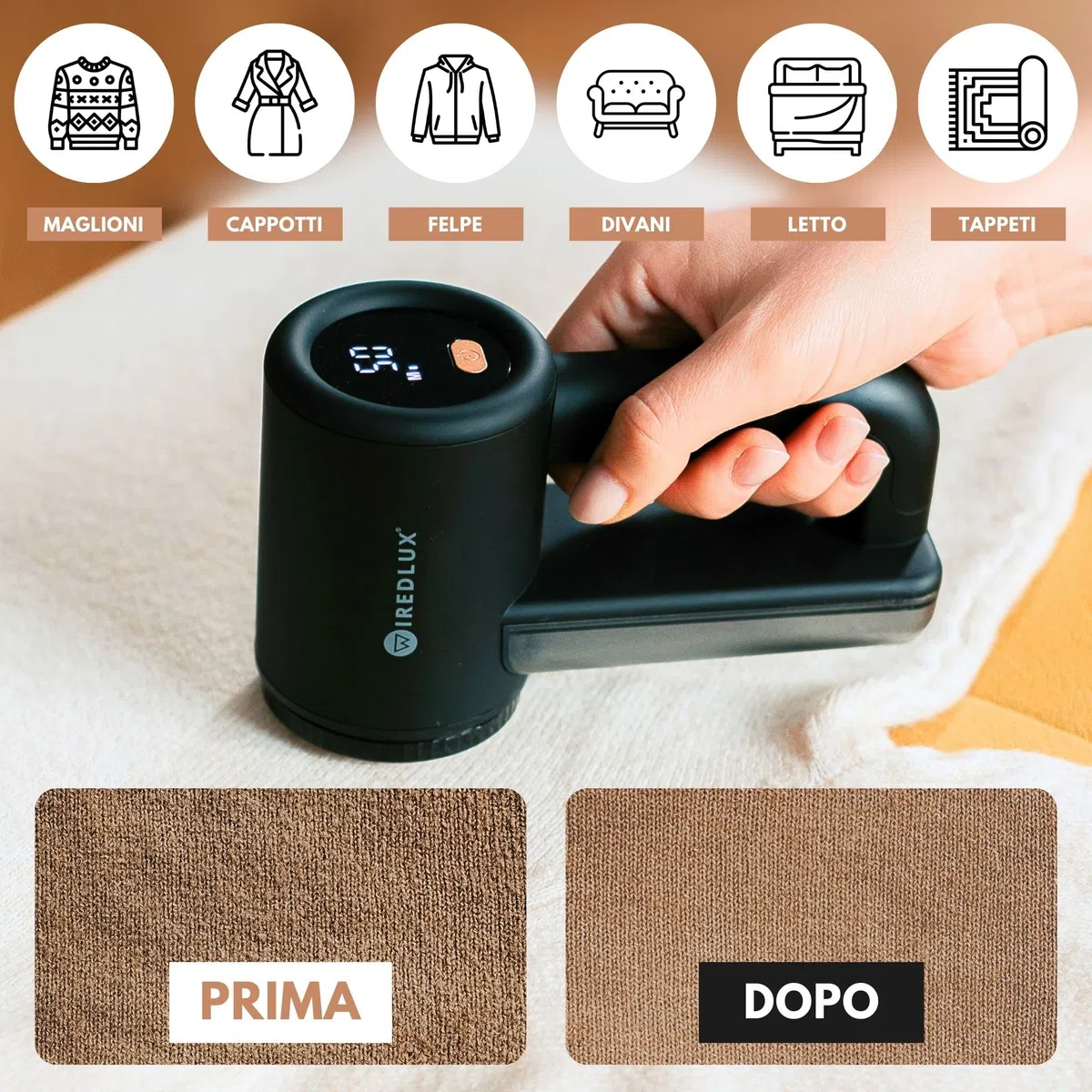 Levapelucchi Elettrico WiredLux - Levapelucchi Ricaricabile per Vestiti e Mobili - 3 Velocità Regolabili, Spazzola a 6 Lame, Display a LED, Ricarica USB (Nero)