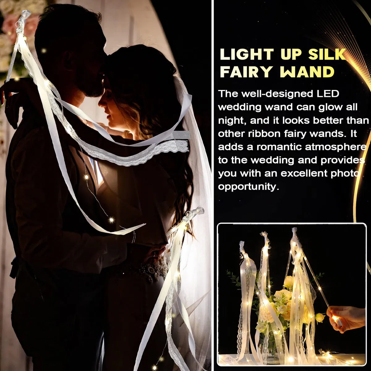 Bacchette Magiche per Matrimonio con Bagliore di Luce LED, Bacchetta Magica con Campana, Matrimonio Nastro, Bacchette da Sposa, Bacchette Nuziali, Bacchette di Pizzo Romantiche con Nastri Nuziali (24)