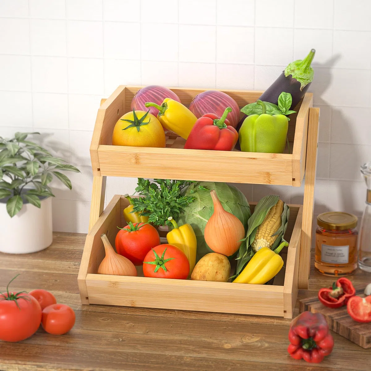 G.a HOMEFAVOR CALM COZY Supporto per Cesto di Frutta in bambù a 2 Livelli, Supporto per Verdure e Pane per ripiano della Cucina