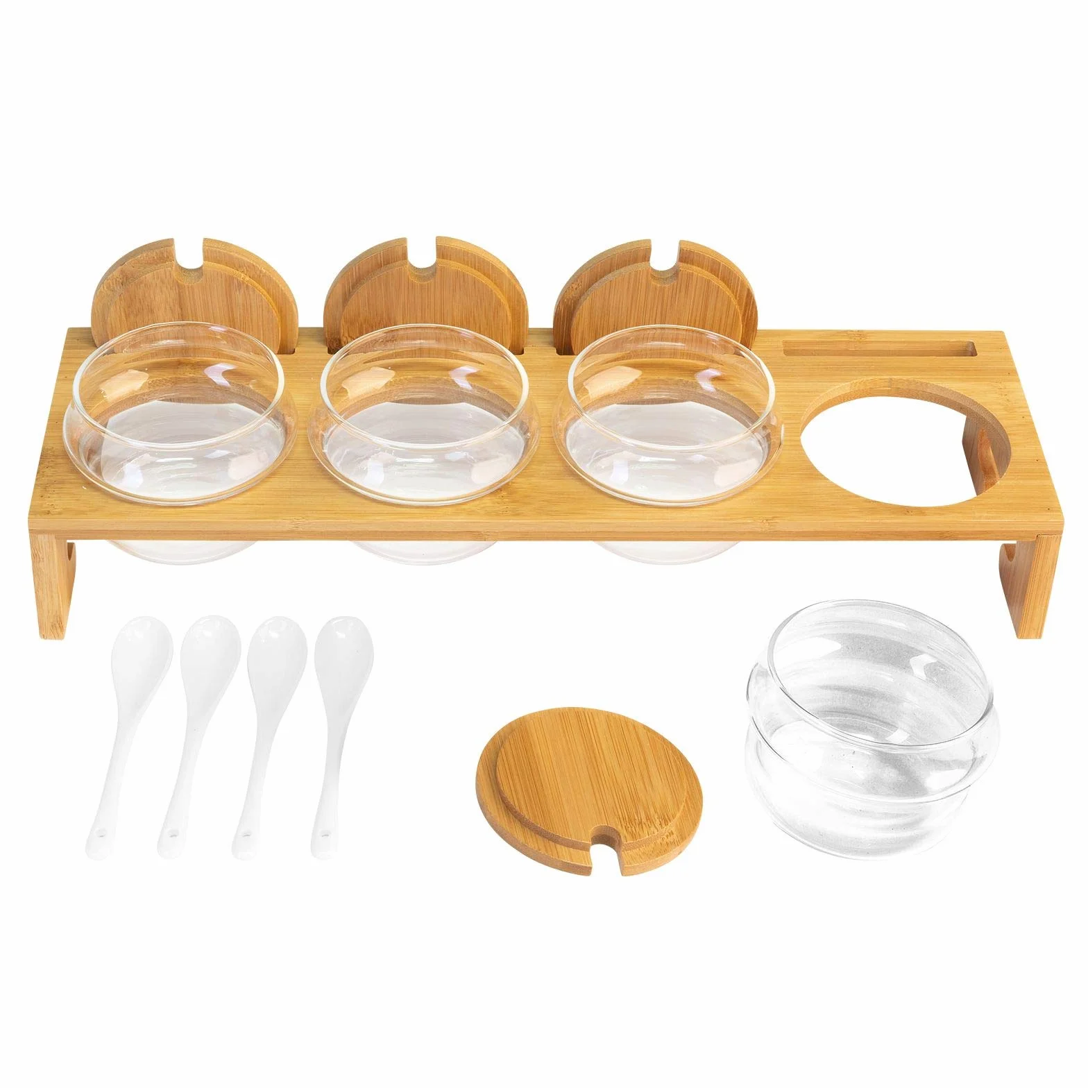 Westmark Set per marmellate/spezie, 13 pz., 1 base + 4 contenitori + 4 coperchi + 4 cucchiai, Larghezza: 38,5 cm, Bambù/Vetro/Ceramica, Tapas + Friends, Marrone chiaro/Bianco, 69902260